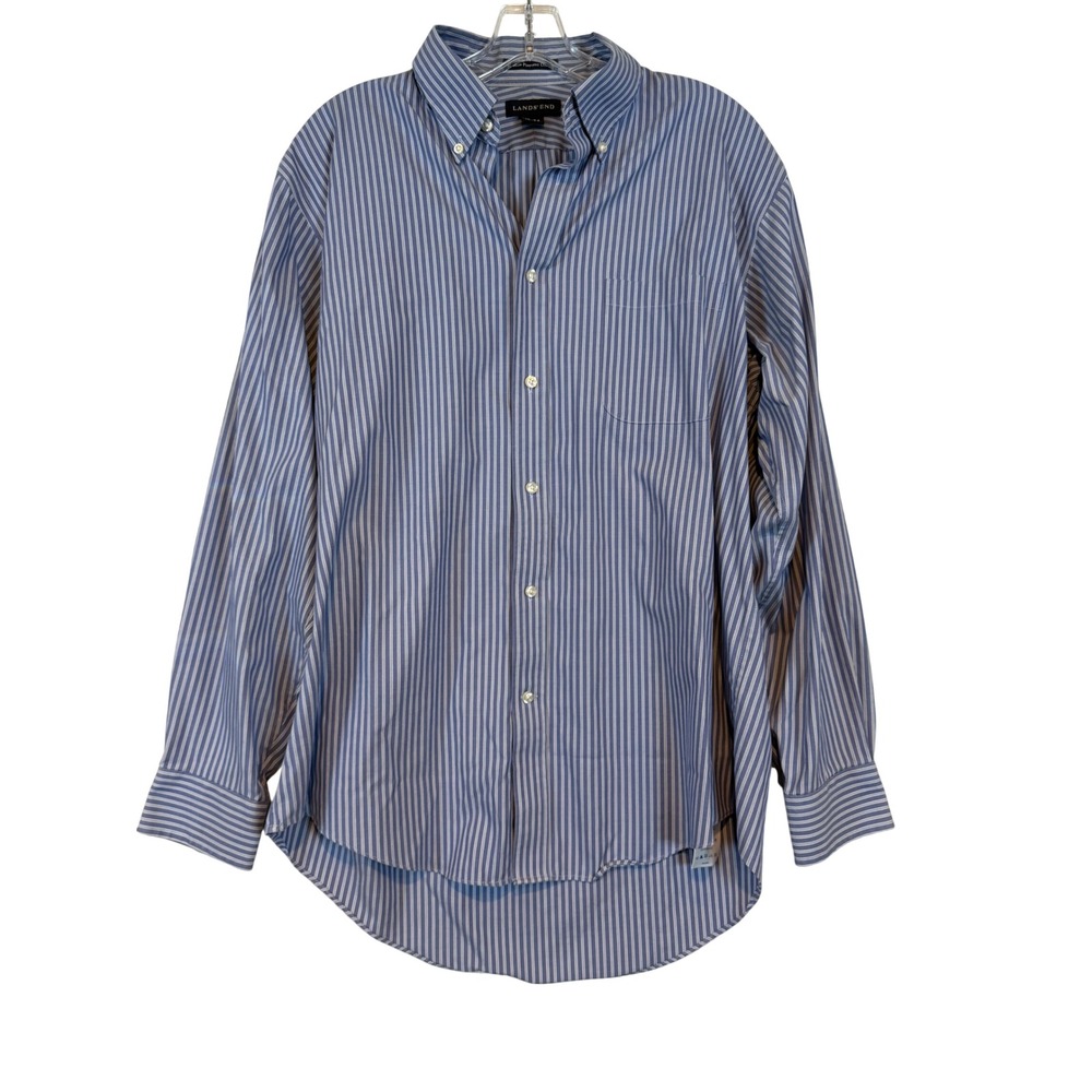 Lands End Mens No Iron Pinpoint Oxford Striped Button Down Shirt Blue 16-34 Prep